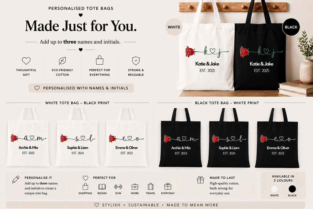 Personalised red rose tote bag with custom names and date, white and black options