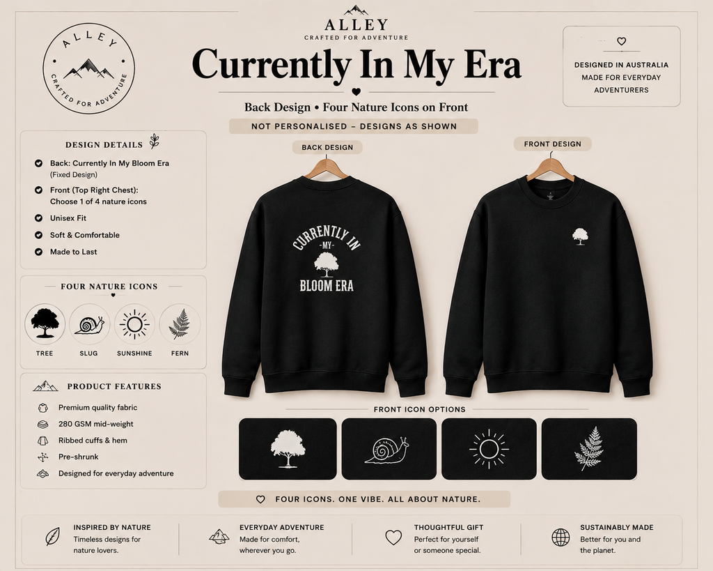 Black crewneck sweatshirt styles shown with Bloom Era graphics on front and back