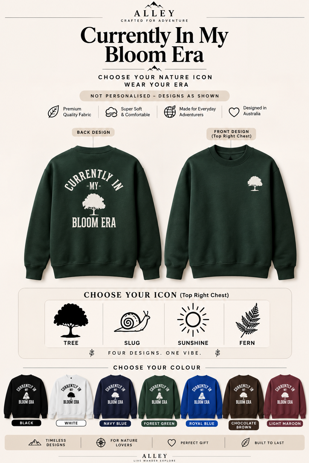 Forest green crewneck sweatshirt with Bloom Era back print and small tree icon