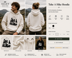 White hoodie with front 'Take a Hike' mountain graphic, pullover with hood and drawstrings