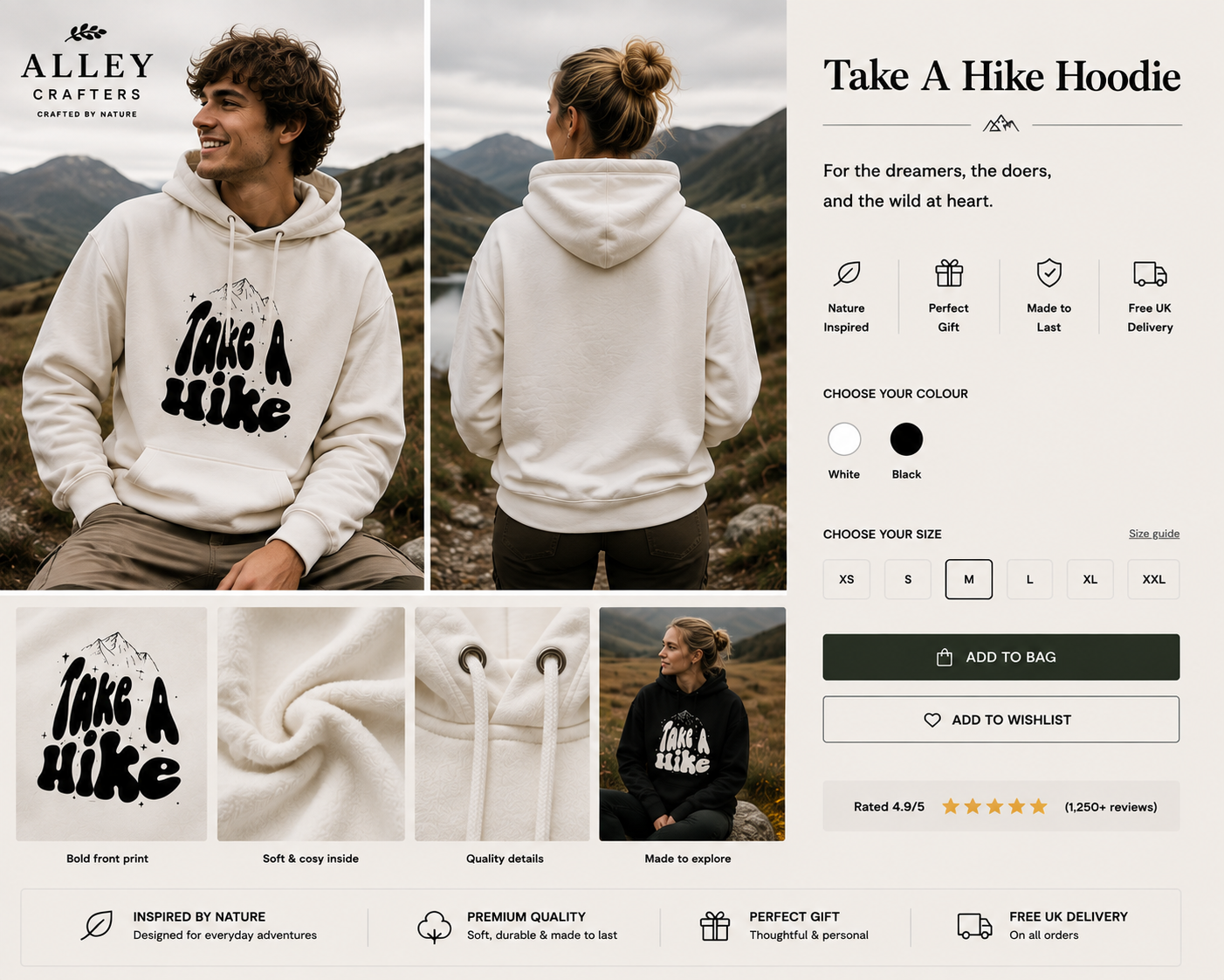 White hoodie with front 'Take a Hike' mountain graphic, pullover with hood and drawstrings