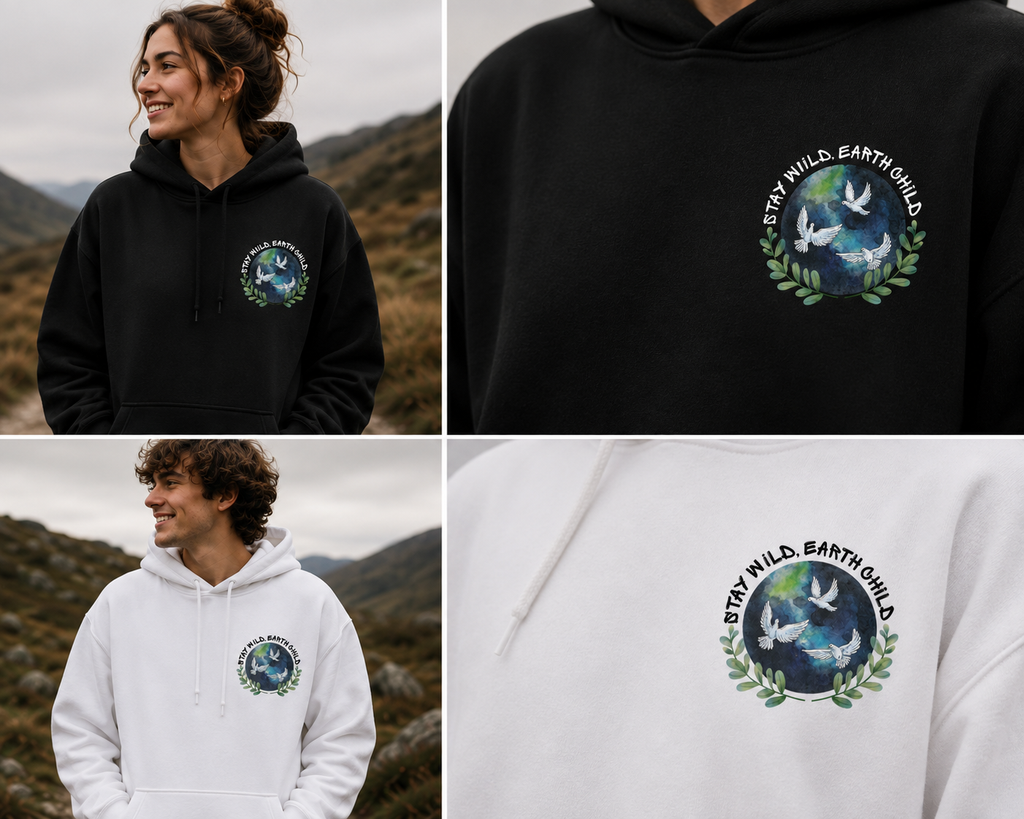 Hoodie sweatshirt in black and white with circular Earth birds and leaf design
