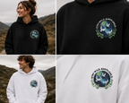 Hoodie sweatshirt in black and white with circular Earth birds and leaf design