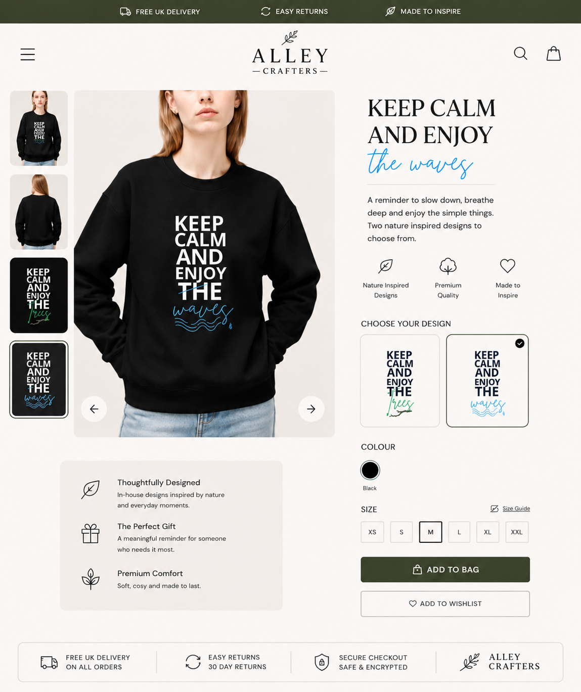 Black crewneck sweatshirt with “Keep Calm and Enjoy the waves” graphic on front.