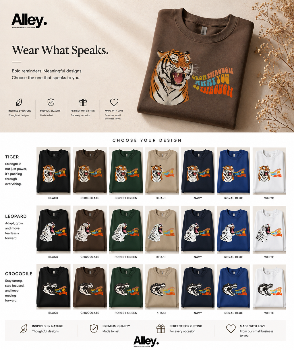 Sweatshirt design options display featuring tiger, leopard, and crocodile styles.