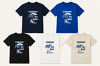 Assorted tropical graphic T-shirts in navy, royal blue, black, white, and natural
