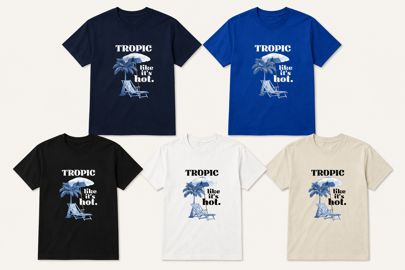 Assorted tropical graphic T-shirts in navy, royal blue, black, white, and natural