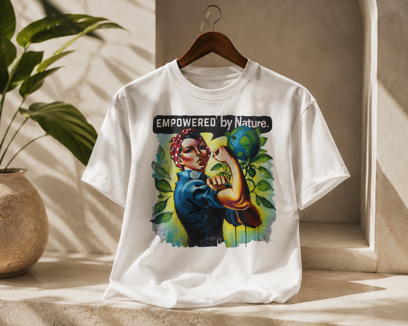 White graphic t-shirt with 'EMPOWERED by Nature' nature portrait print on front