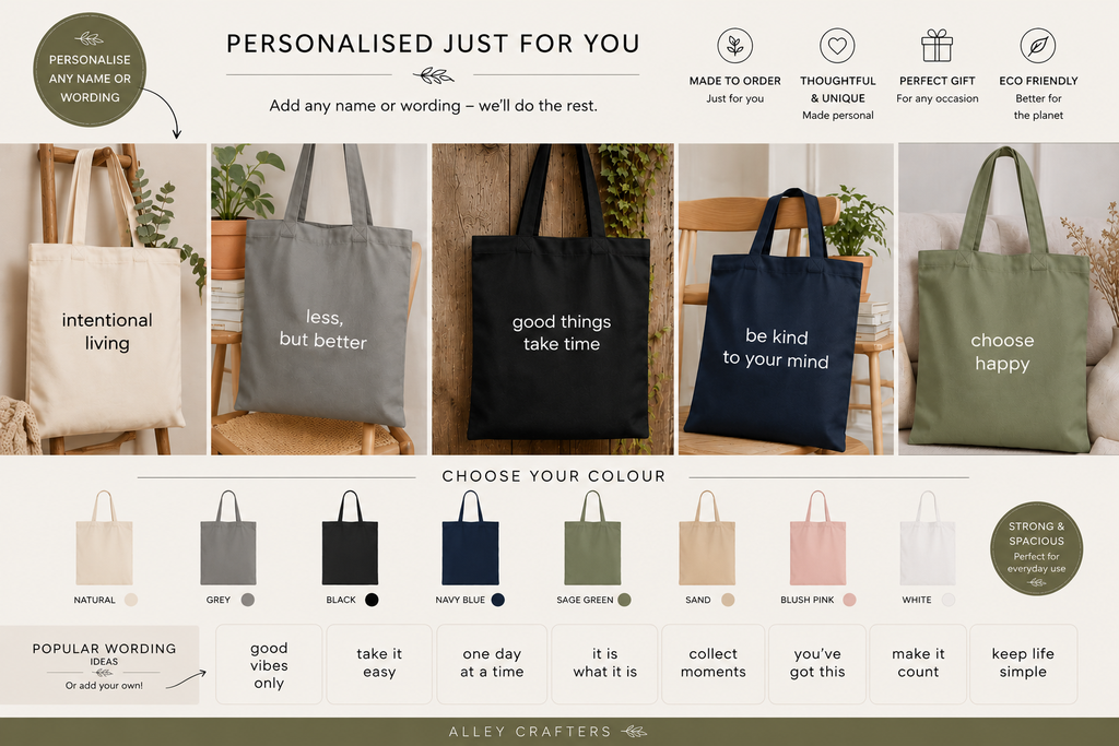 Set of personalized cotton tote bags in grey, black, navy, white, and green with printed quotes.