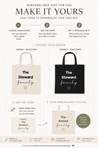 Canvas tote bag with front text print and two top handles, natural and black shown