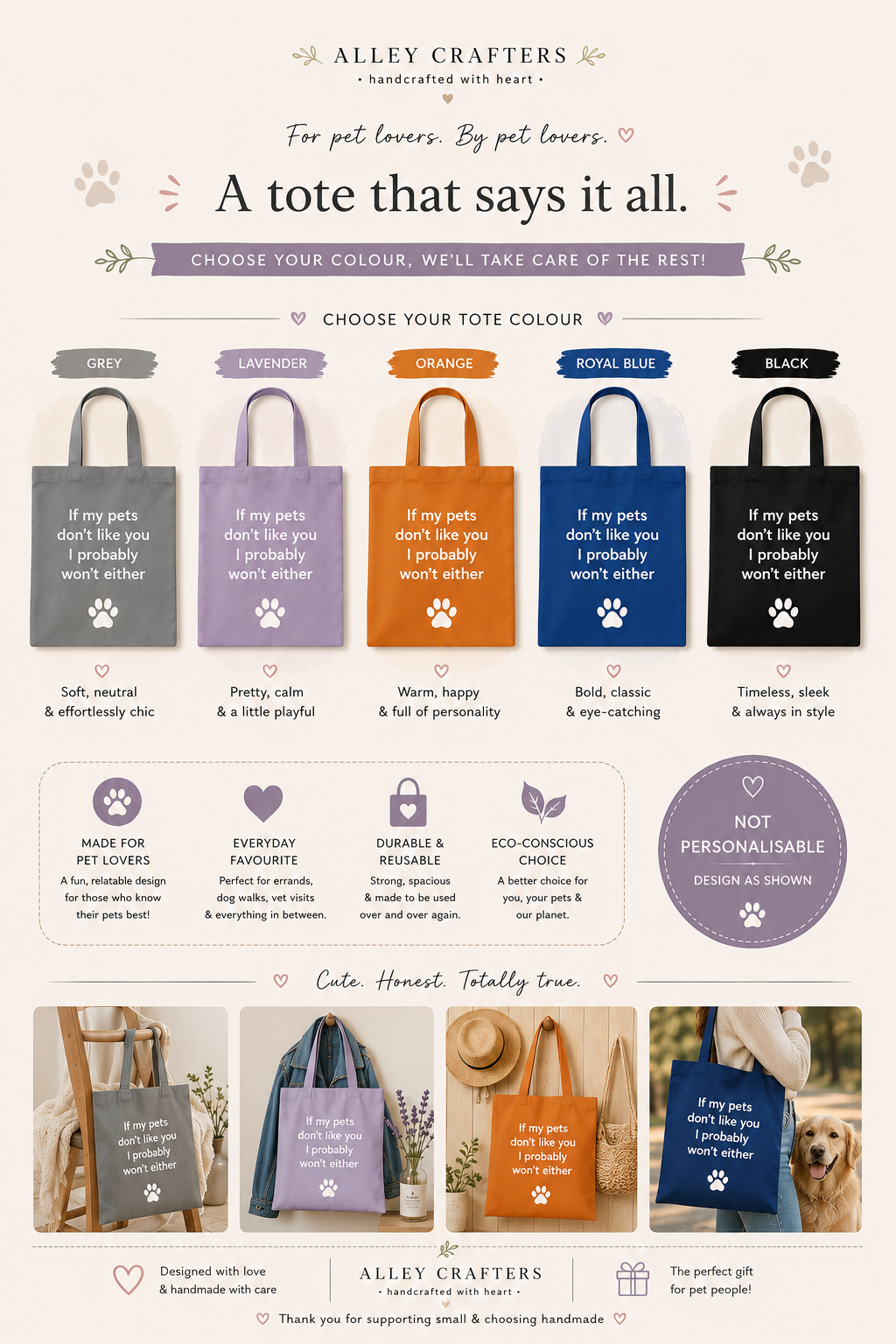 Tote bag color chart with six swatches and pet-slogan design variations