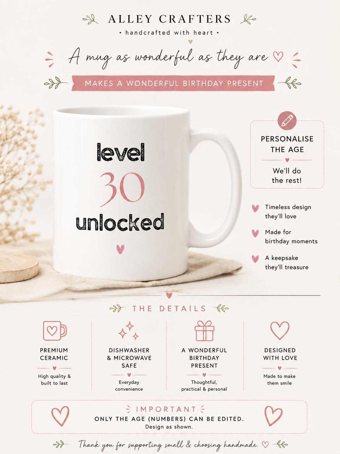 White ceramic birthday mug with “level 30 unlocked” text and heart details
