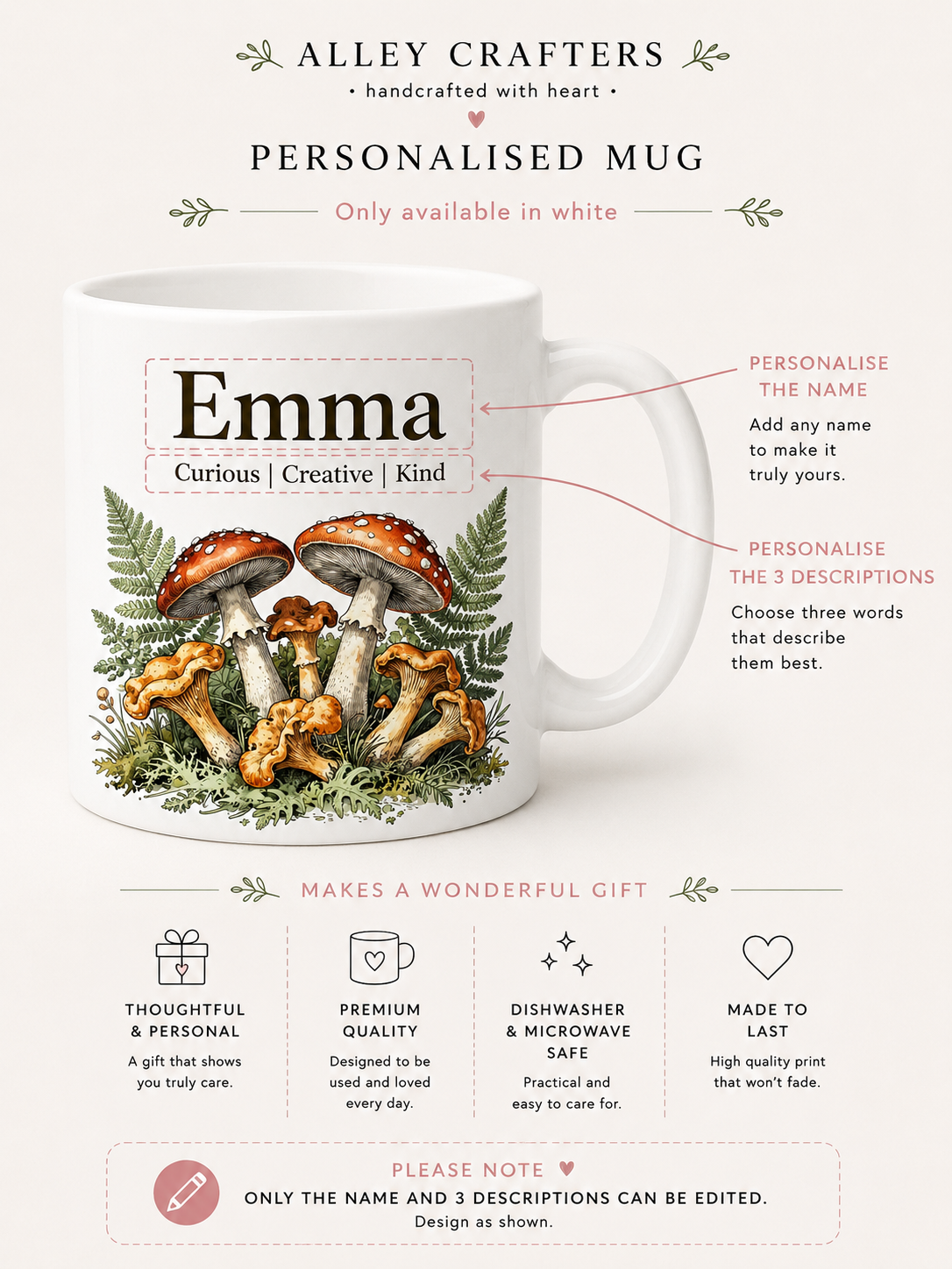 Personalised white ceramic mug with Emma name and botanical mushroom illustration