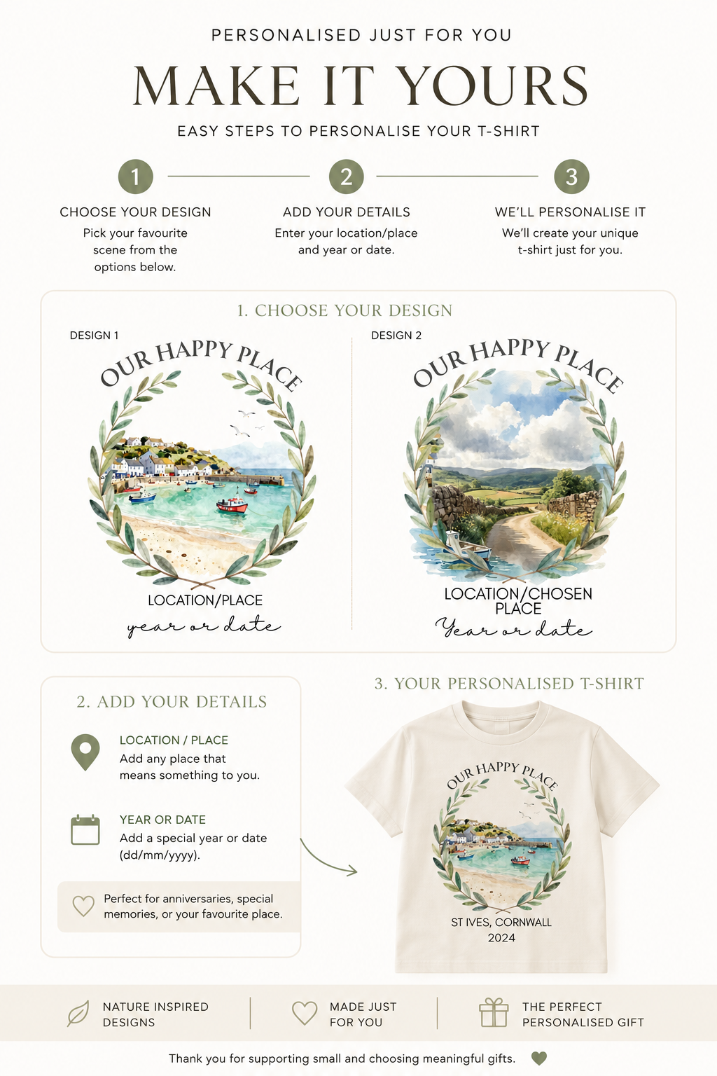 Personalised scenic landscape T-shirt preview on white with harbour wreath print