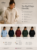 "No Bad Days" hoodie product page with color options and hooded sweatshirt