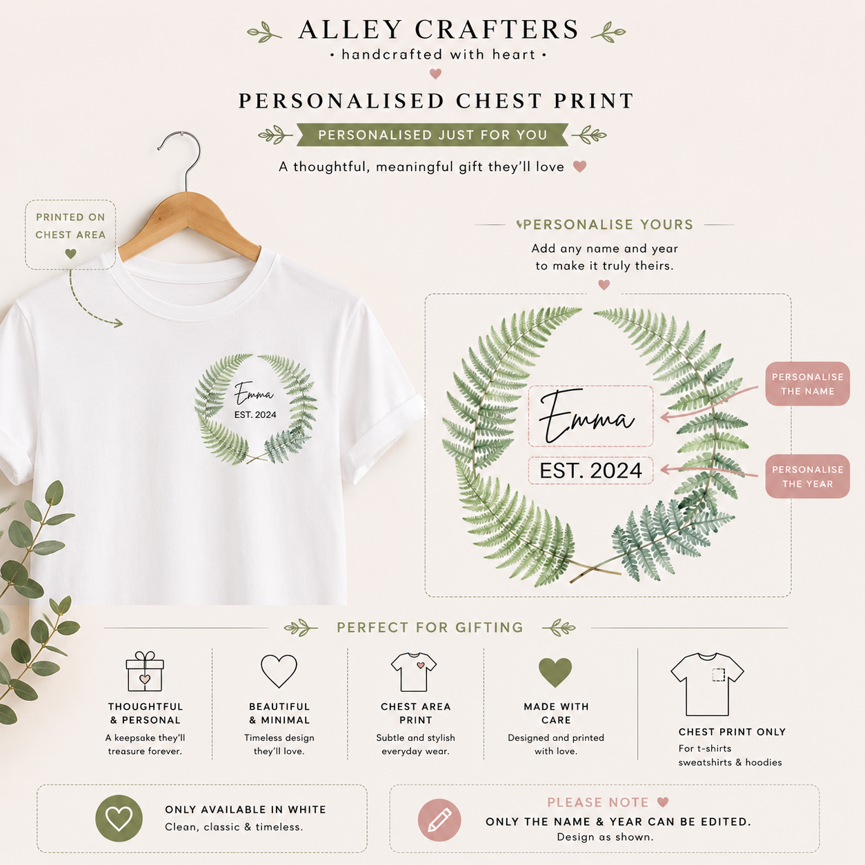 White T-shirt with green fern wreath print and custom name and year on chest