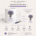 White ceramic mug with lavender bouquet and personalized name “Alice”