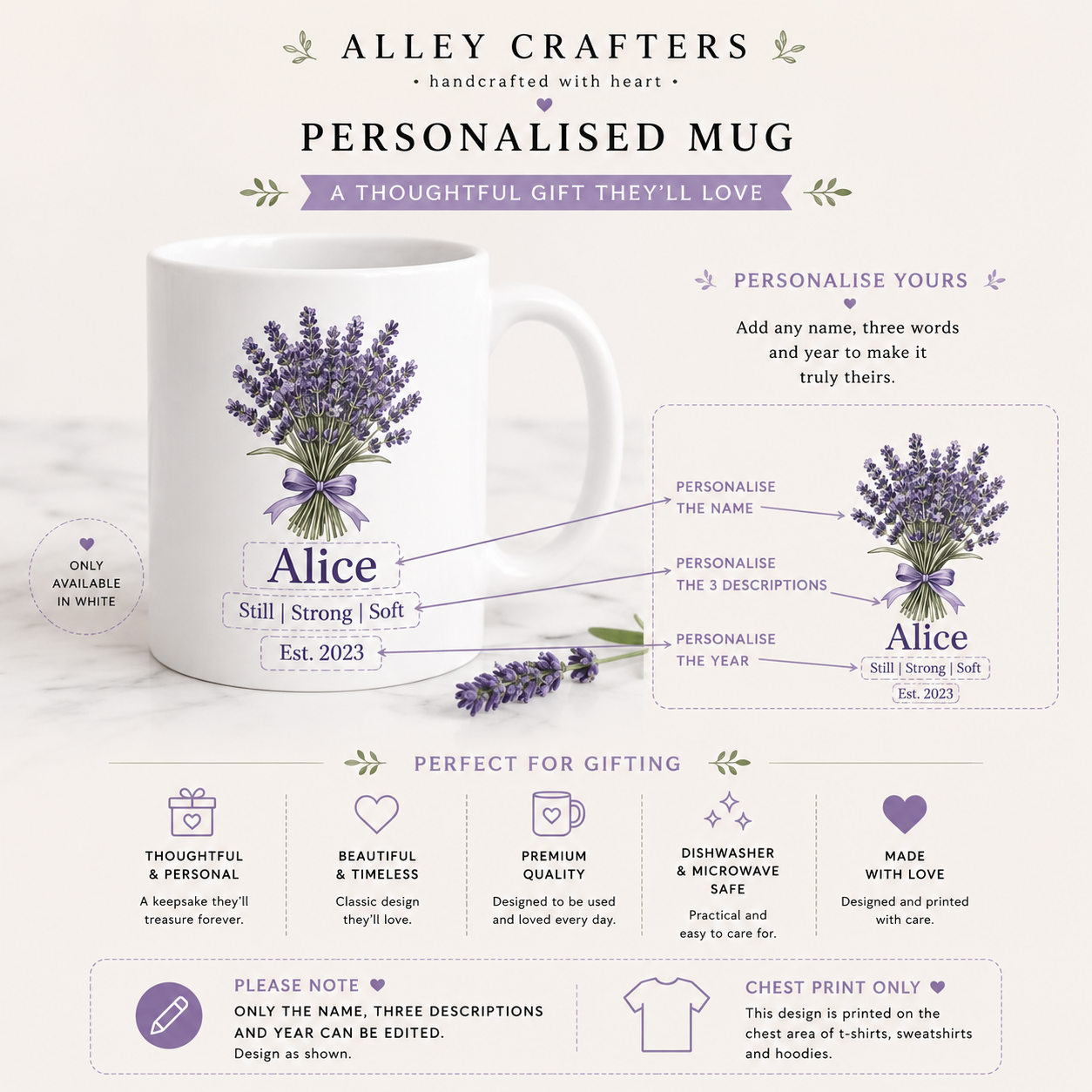 White ceramic mug with lavender bouquet and personalized name “Alice”