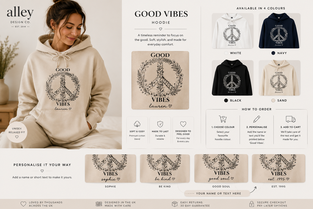 Beige unisex hoodie with 'Good Vibes' wreath graphic, hood and kangaroo pocket