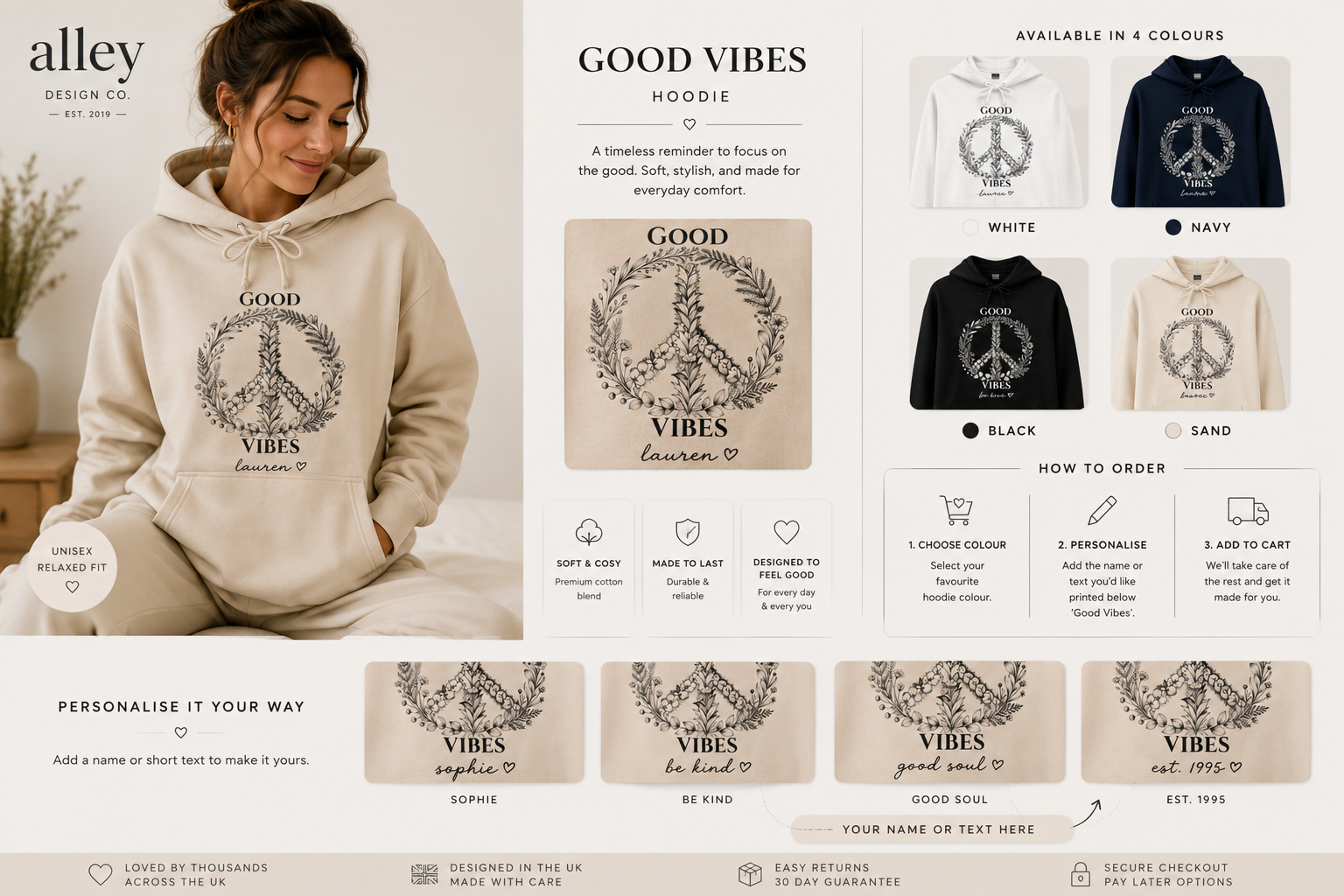 Beige unisex hoodie with 'Good Vibes' wreath graphic, hood and kangaroo pocket