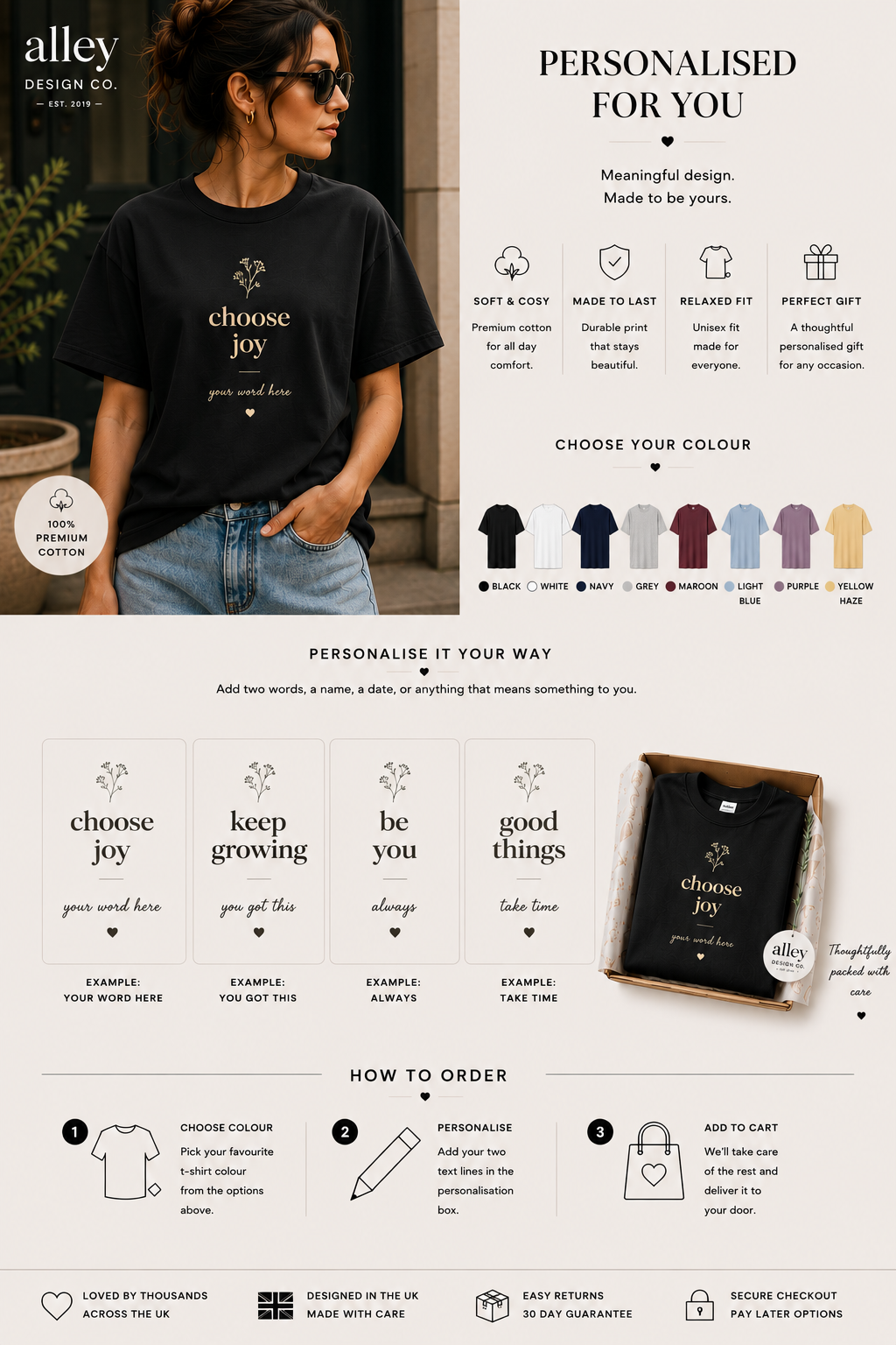 Black T-shirt with "choose joy" front print