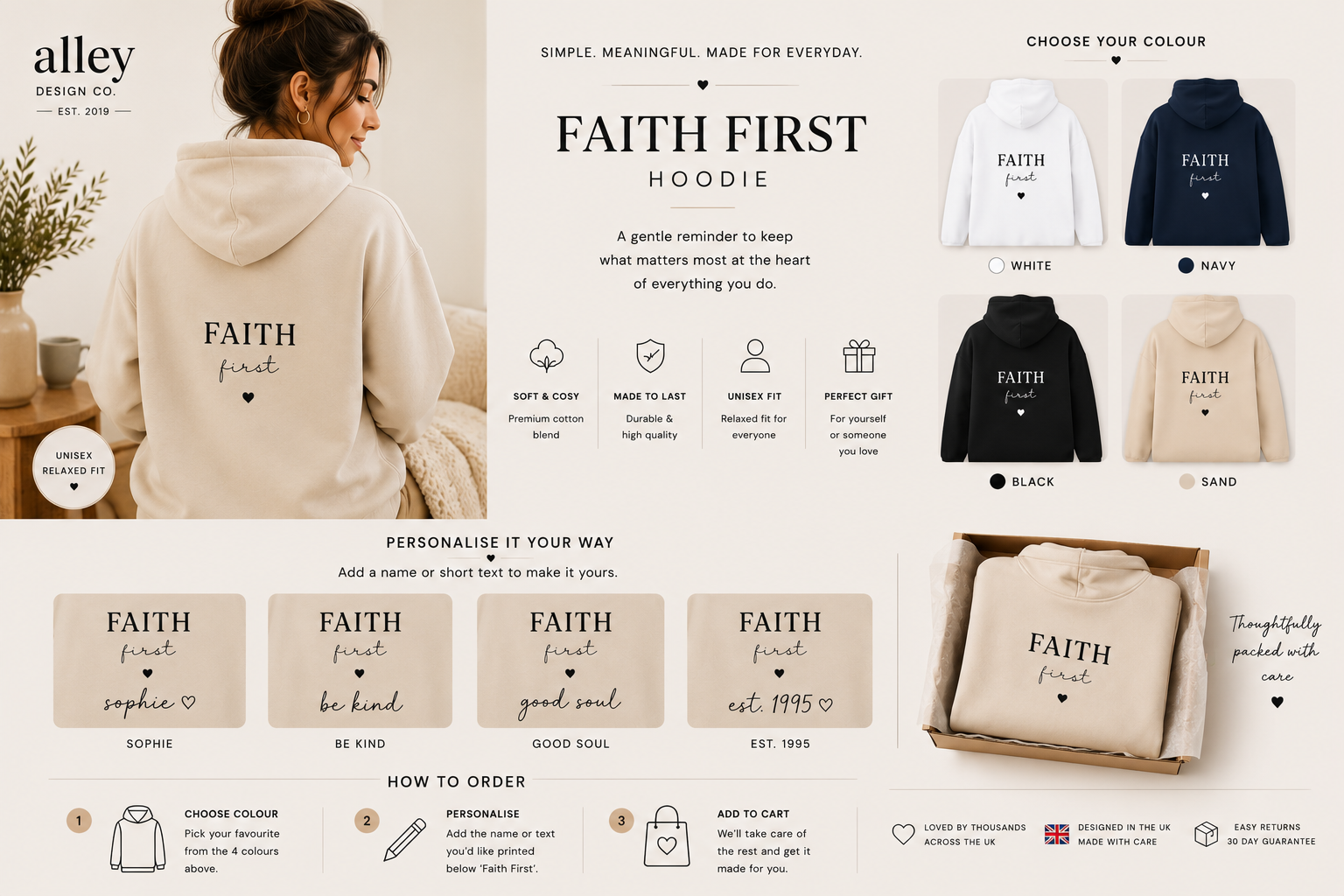 Unisex hoodie sweatshirt with hood and front 'FAITH first' print, shown in multiple colors