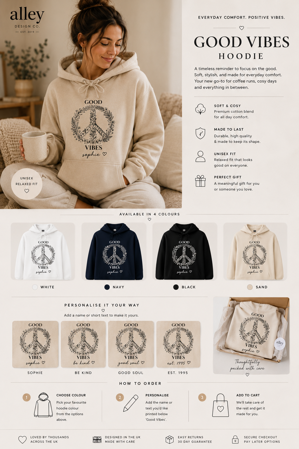 Light beige unisex hoodie with 'Good Vibes' wreath graphic and kangaroo pocket
