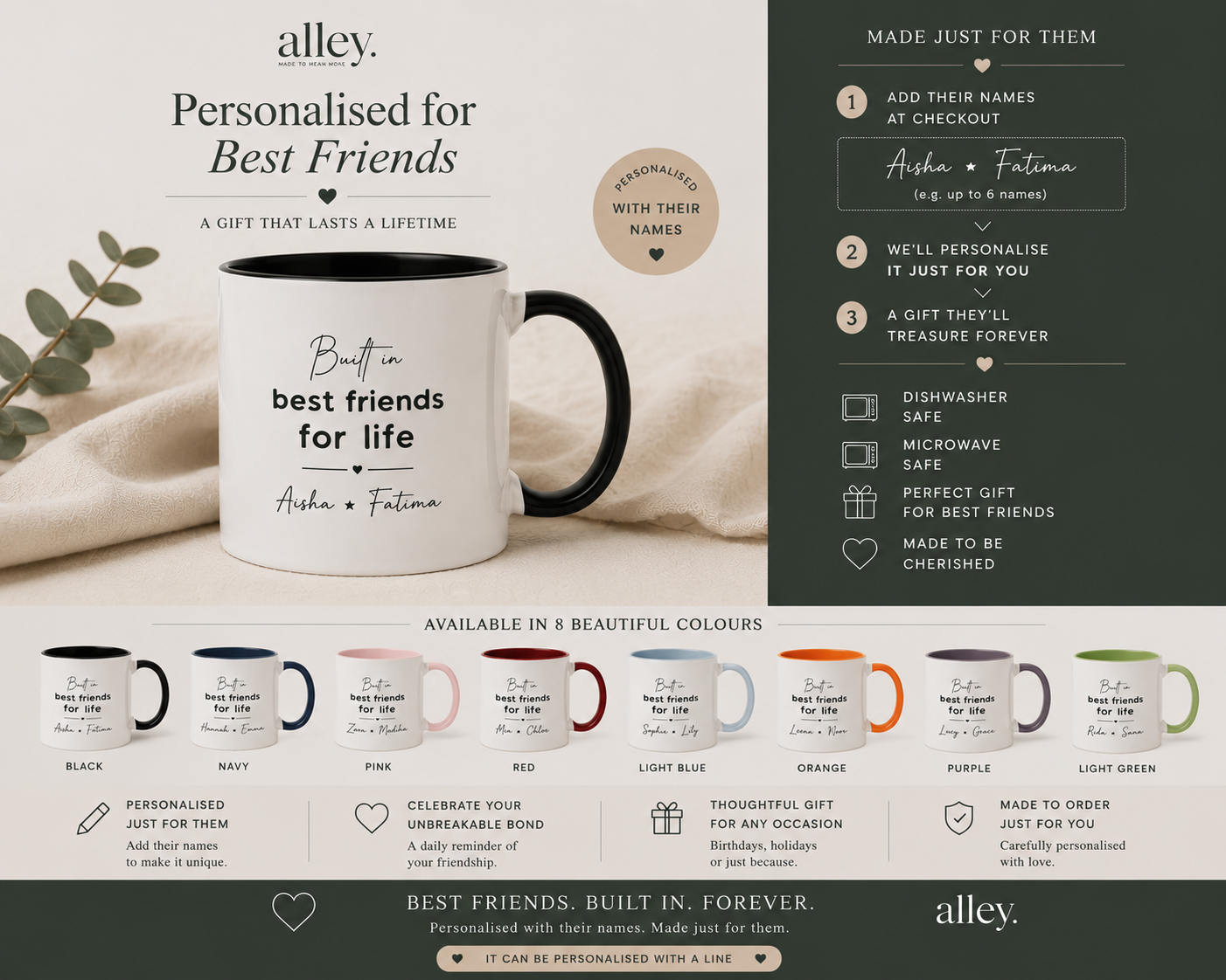 White coffee mug with black handle and 'best friends for life' quote, names printed