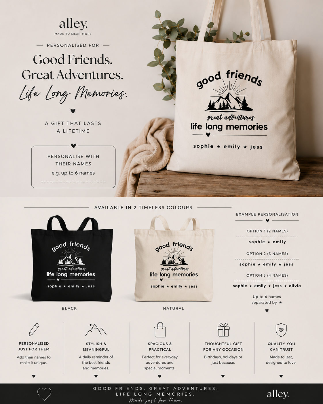 Cotton tote bag mockups in black and natural with "good friends" and "life long memories"