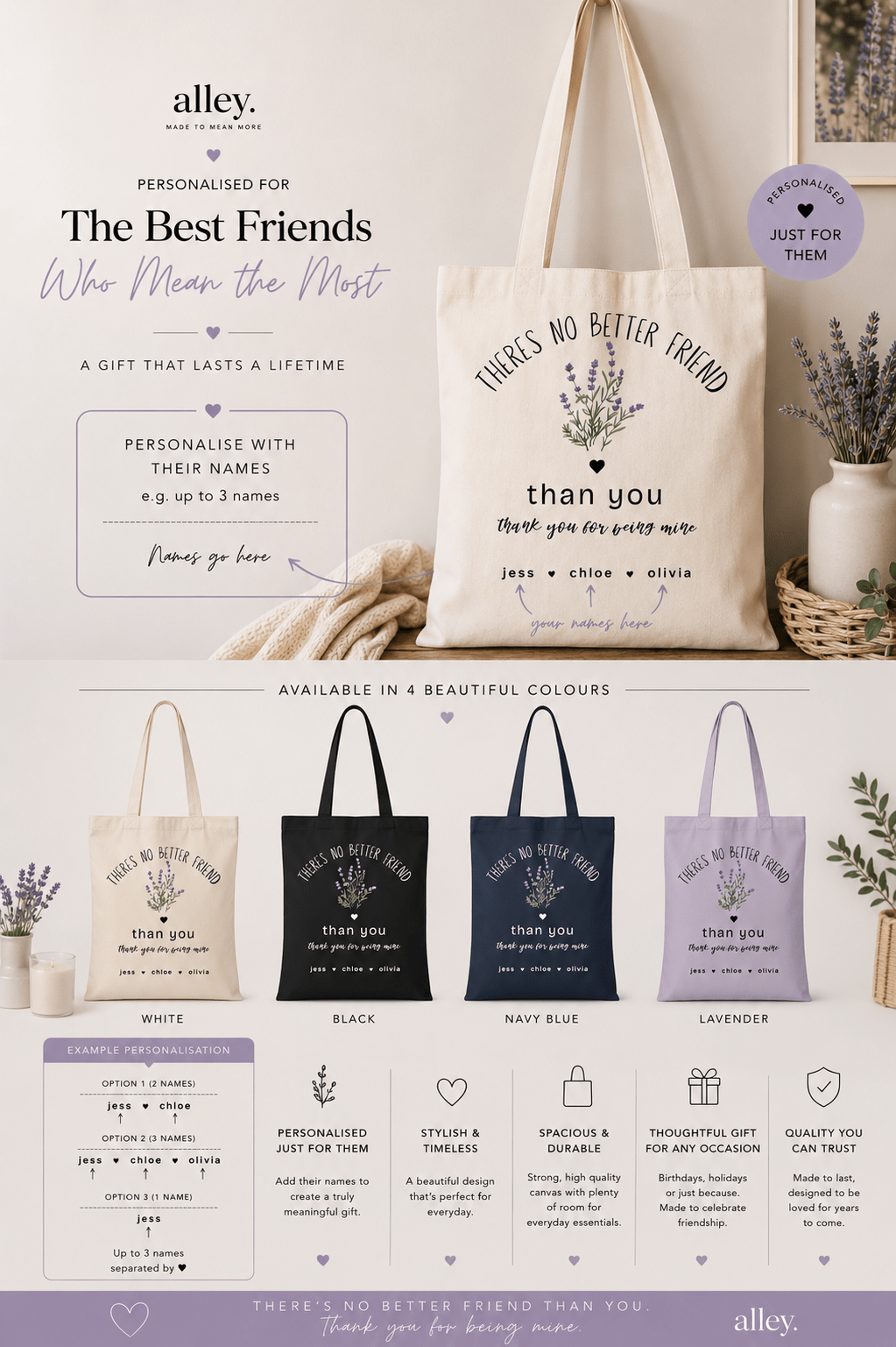 Personalised 'There's No Better Friend' Lavender Tote Bag | Custom Gift for Her - AlleyCrafters