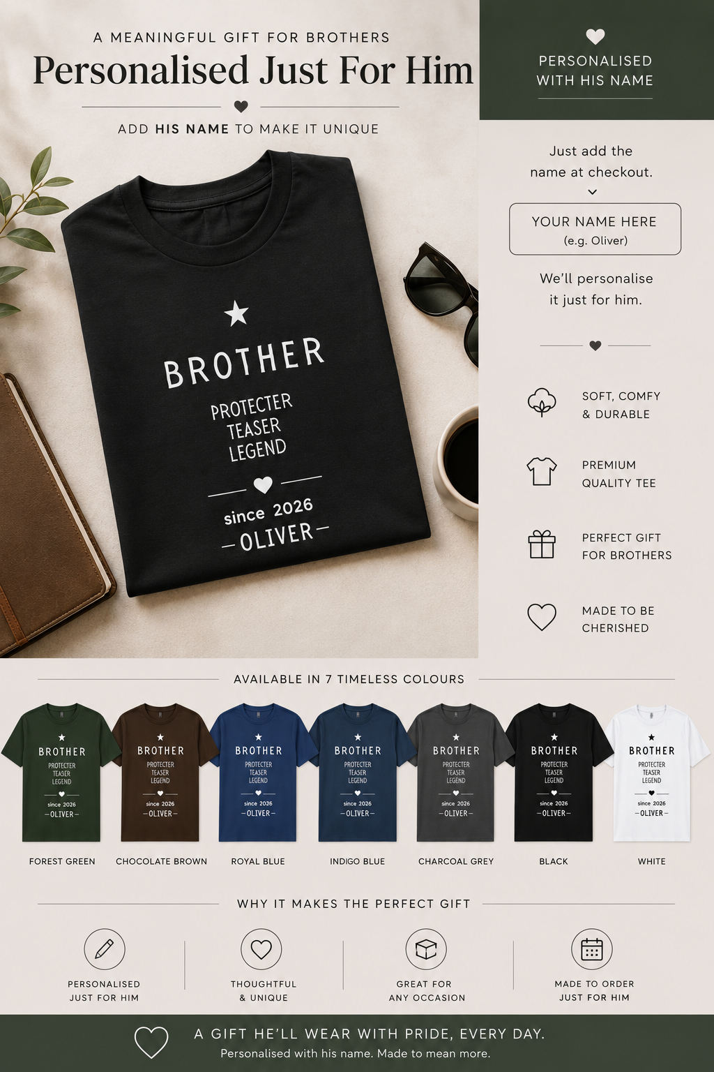 Personalised black T-shirt with Brother text and star graphic, crew neck, short sleeves