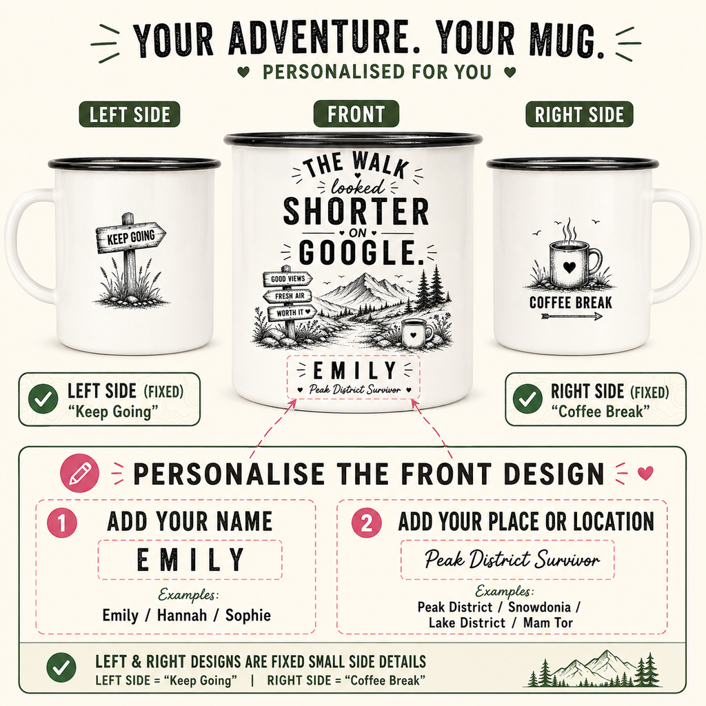 Personalised Enamel Camping Mug — "The Walk Looked Shorter on Google" | Funny Hiking Gift