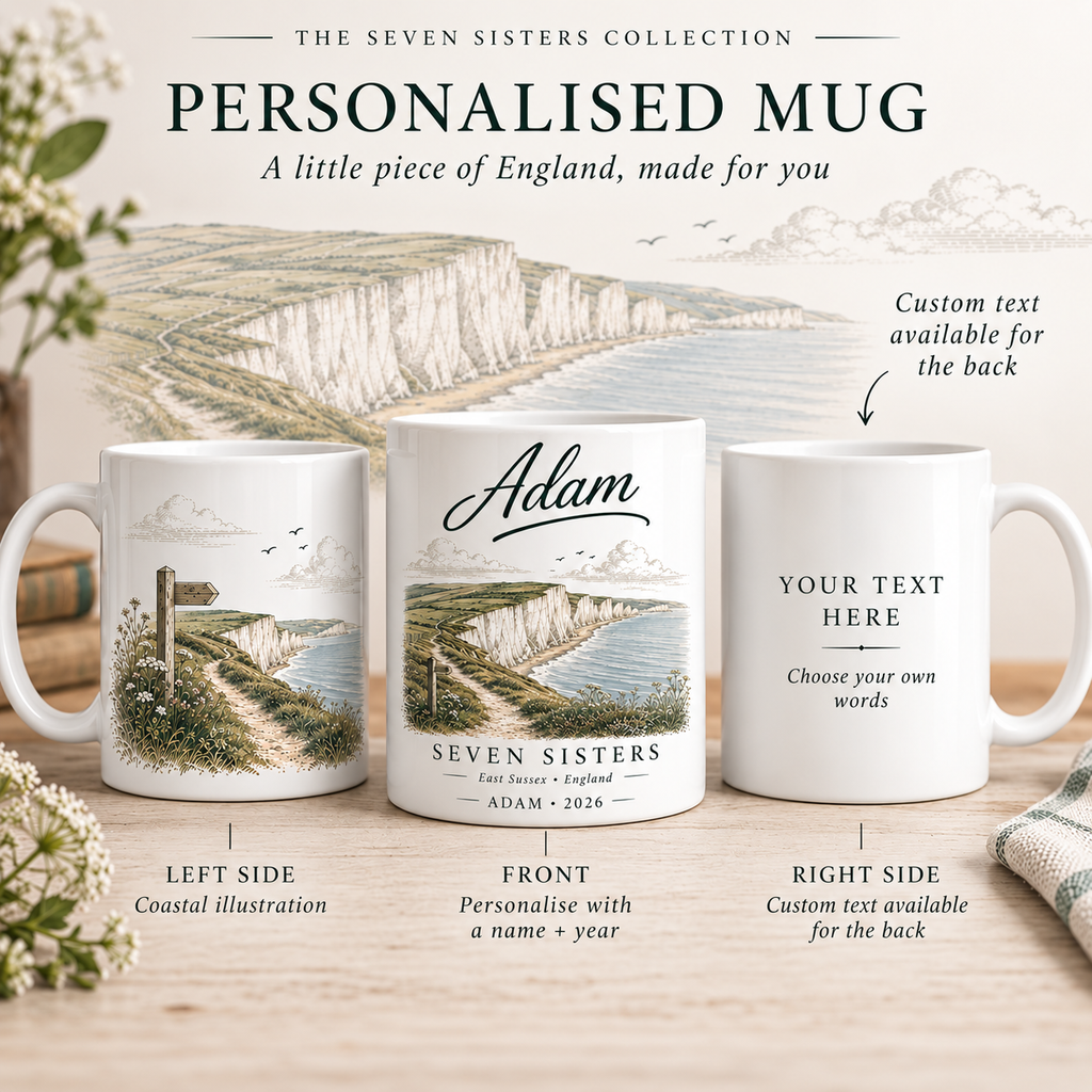 Personalised Enamel Camping Mug | Seven Sisters Coastal Design | Custom Name