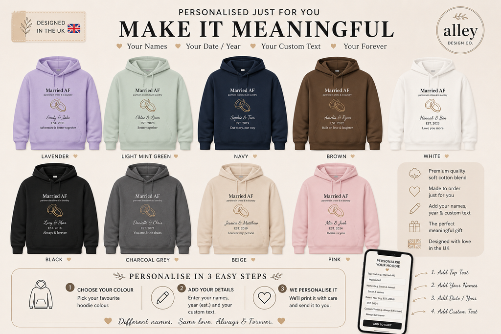 Couples hoodie in multiple colors, showing front prints on hooded sweatshirts