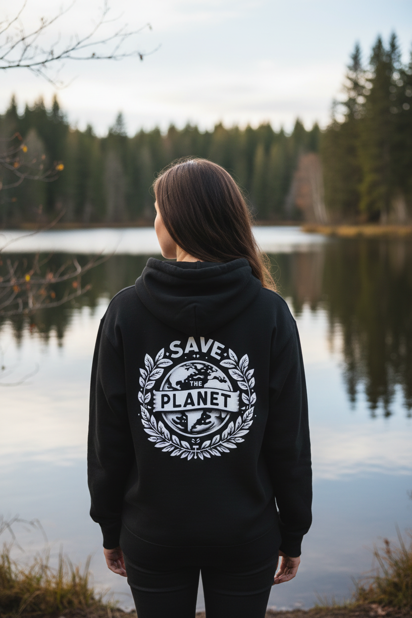 Black hooded sweatshirt with circular Save the Planet graphic on back