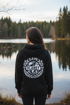 Black hooded sweatshirt with circular Save the Planet graphic on back