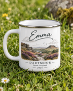 Personalised Dartmoor enamel camping mug with Emma name and landscape print, white.