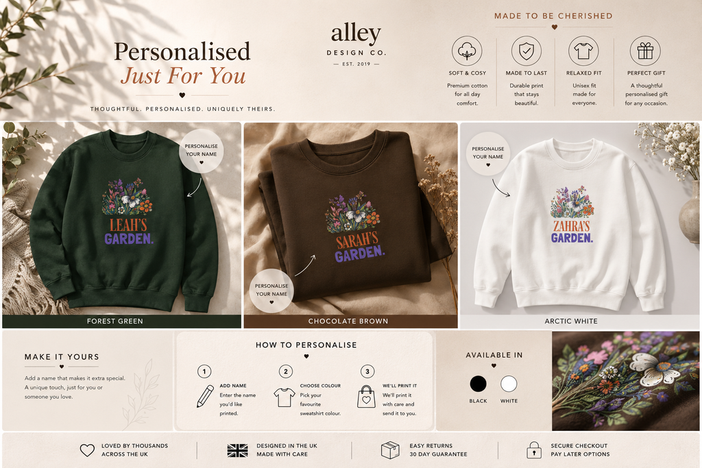 Personalised crewneck sweatshirt design collage with floral name prints in several colors