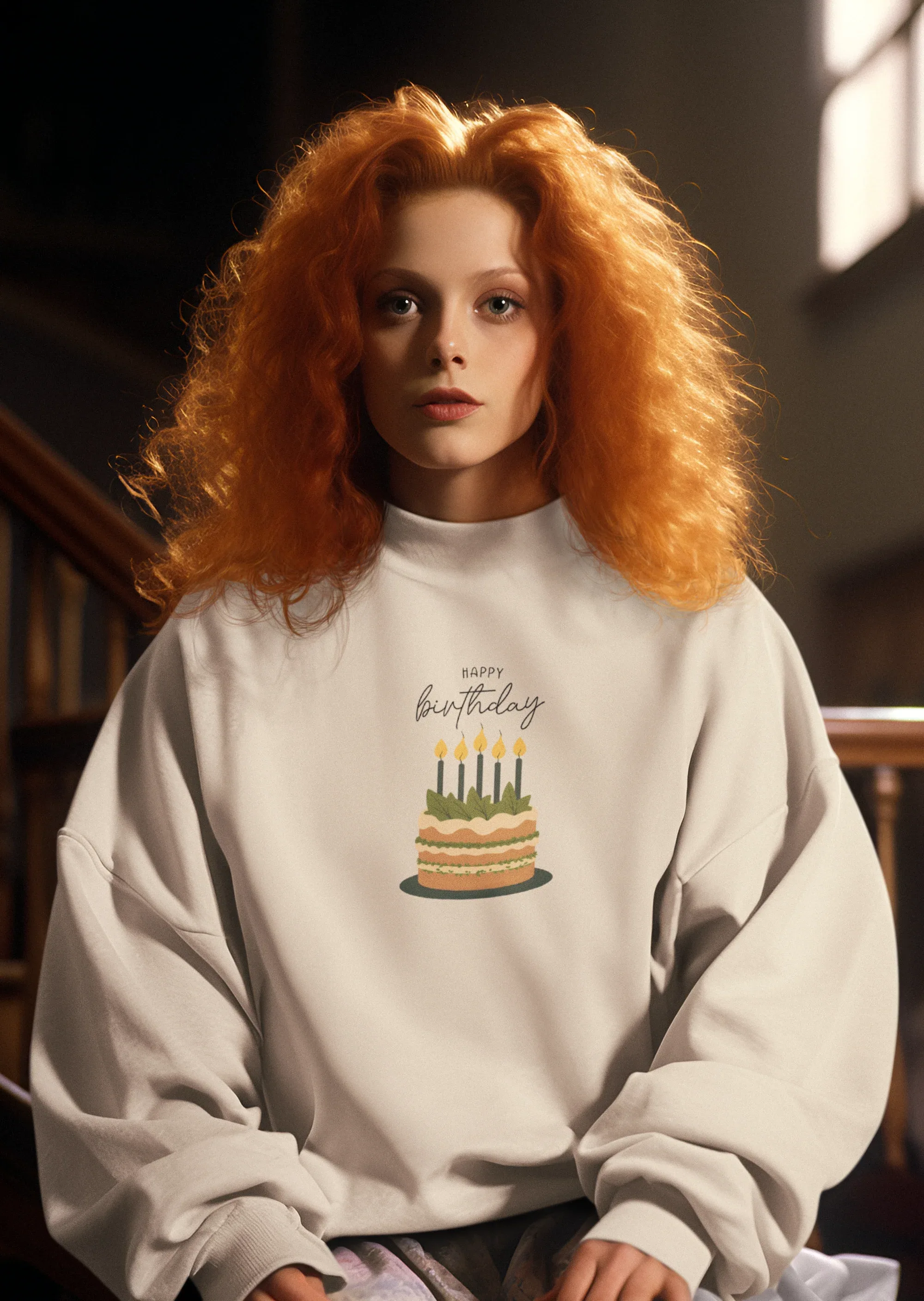 Light sweatshirt with front "Happy birthday" cake and candle graphic, crew neck.