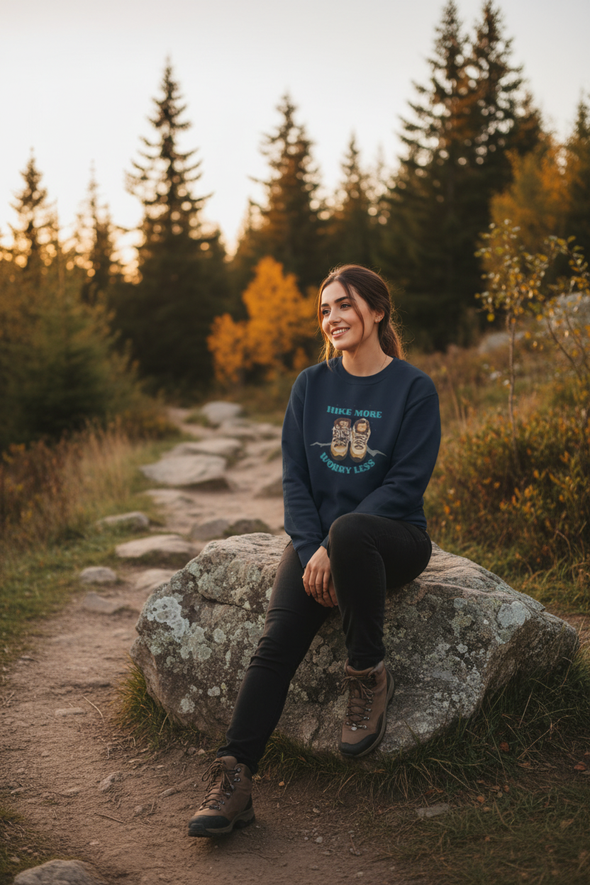 Hike More, Worry Less Sweatshirt- Cozy Hiking Crewneck for Outdoor Lovers