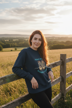 Navy crewneck sweatshirt on a model with 'Hike More, Worry Less' boots graphic