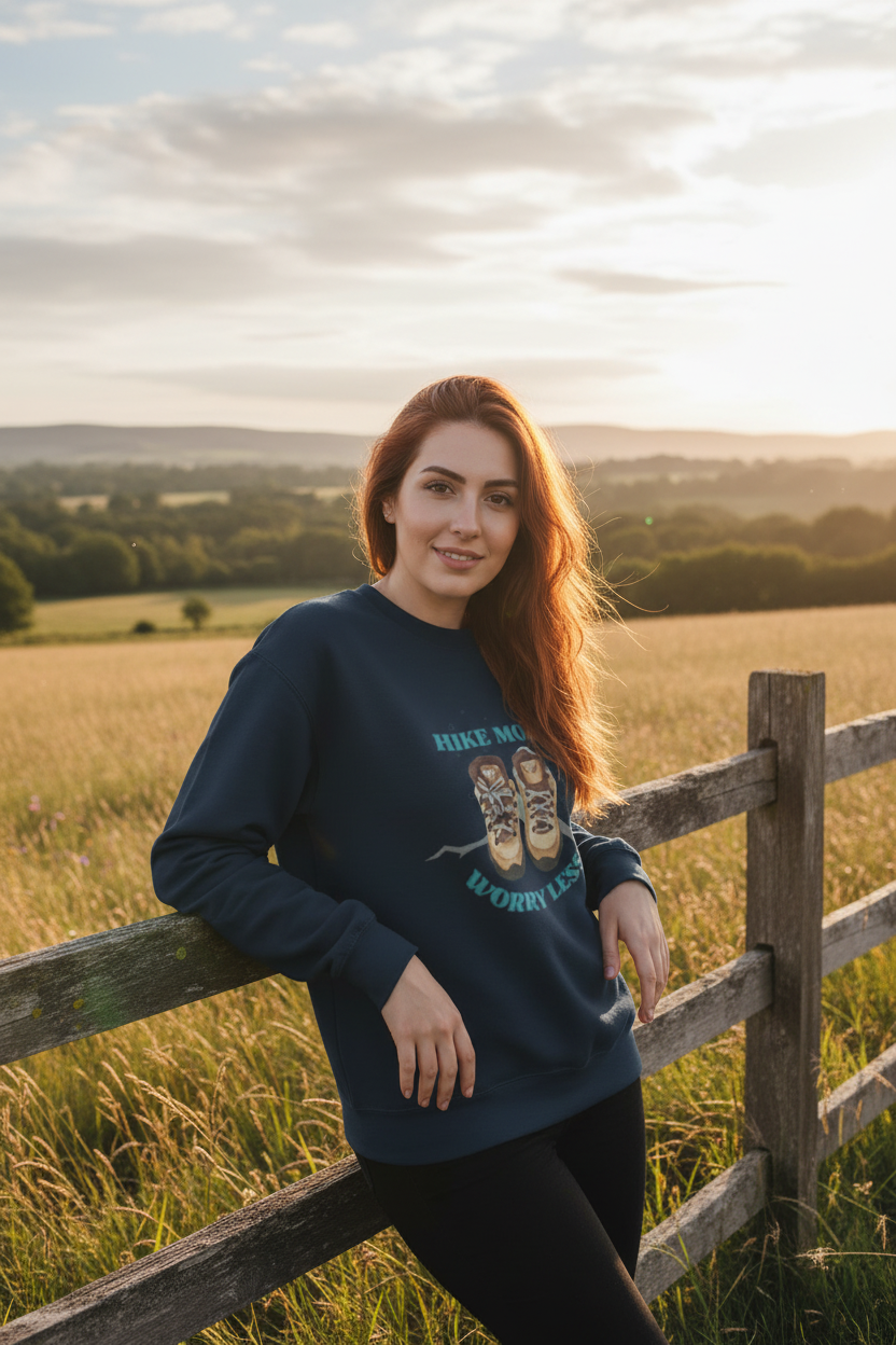 Hike More, Worry Less Sweatshirt- Cozy Hiking Crewneck for Outdoor Lovers