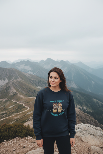 Hike More, Worry Less Sweatshirt- Cozy Hiking Crewneck for Outdoor Lovers