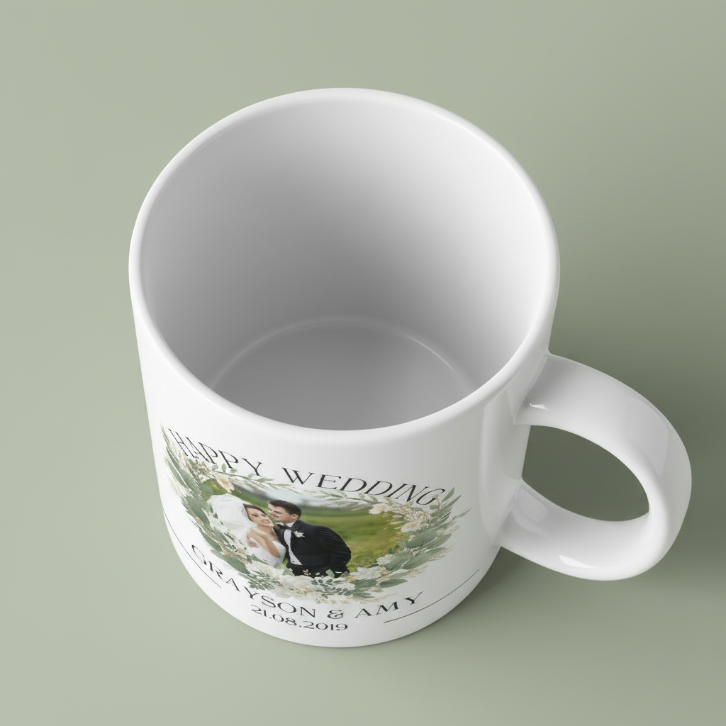 White wedding mug close-up with “Happy Wedding” couple photo and names Grayson & Amy