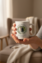 White wedding mug held in hands with “Happy Wedding” design for Grayson & Amy