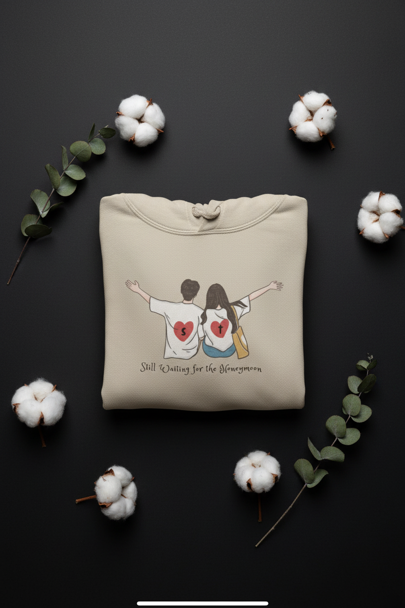 Beige pullover hoodie with drawstring hood and couple graphic on chest