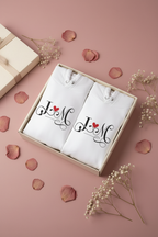 Couples initials hoodie set, white pullover with front monograms and red heart accents