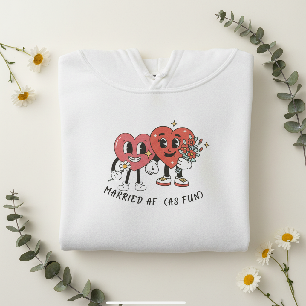 White graphic hoodie sweatshirt with cartoon hearts and 'Married AF (as fun)' print
