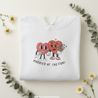 White graphic hoodie sweatshirt with cartoon hearts and 'Married AF (as fun)' print
