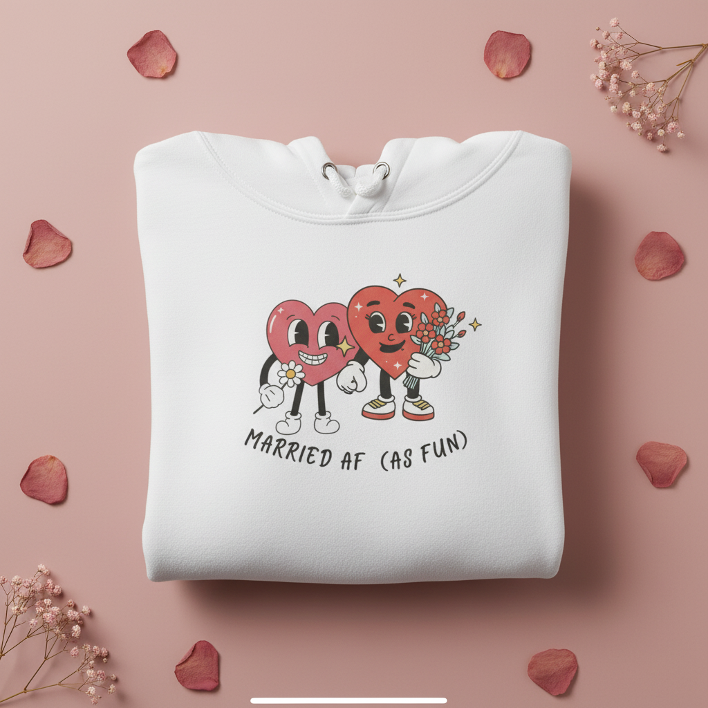White hoodie sweatshirt laid flat with front cartoon heart graphic and drawstring hood